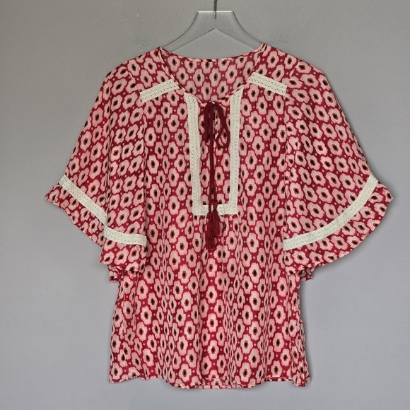 Kate Spade 100% Silk Posy Ikat Bohemian Red Patterned Women's Top - Picture 10 of 10